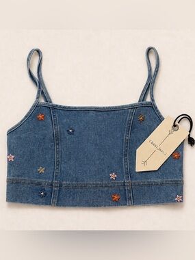 Ban.jara Denim Floral Embroidered Crop Top / Summer Festival Crop Top